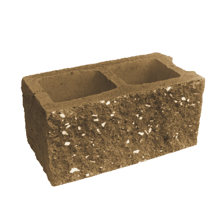Блок пустотелый с двумя гранями колотой фактуры Besser паз темно-коричневый на сером цементе